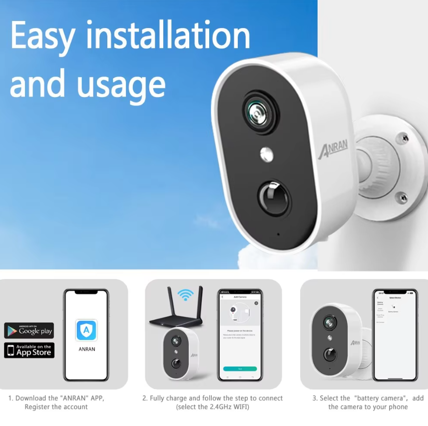 Anran 3MP 2K Akku-WLAN-Überwachungskamera, wasserdicht, kabellos, Outdoor CCTV